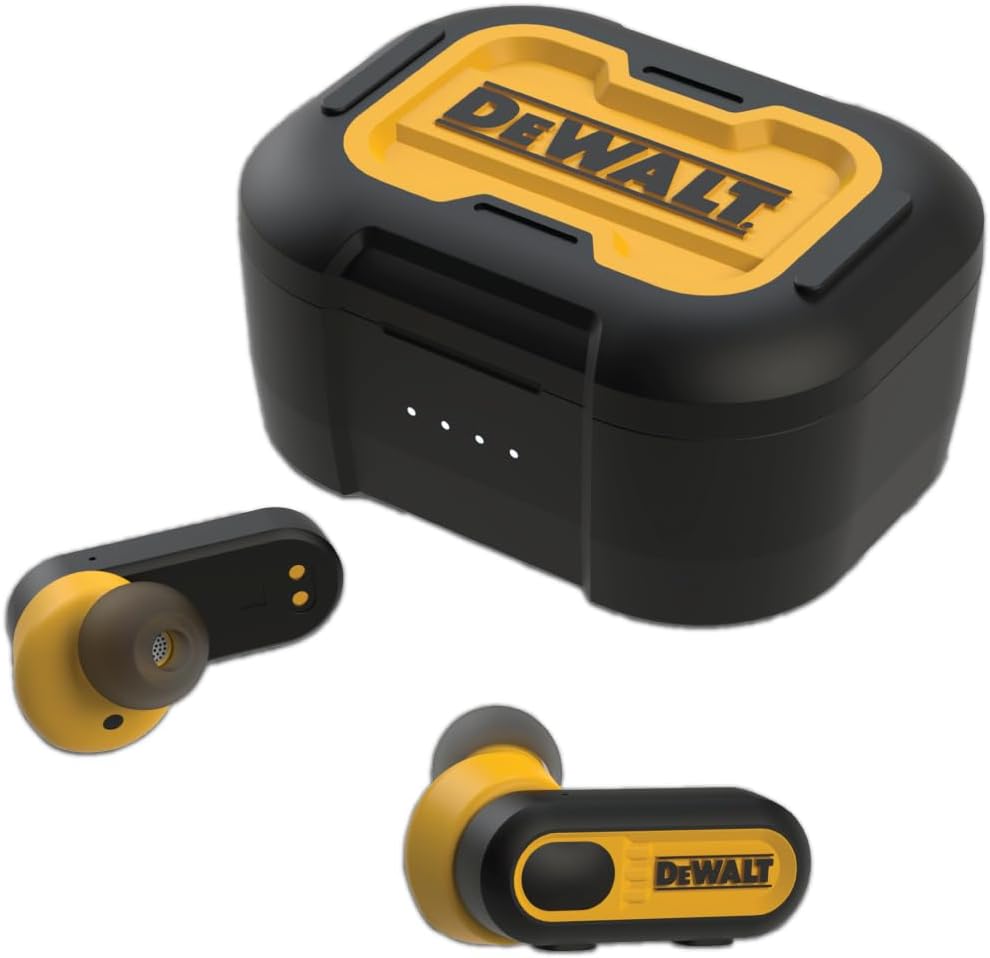DEWALT Heavy Duty True Wireless Earbuds, Bluetooth Earphone with Type-C Charging Case, Over 37 Hours Battery Life, Easy Setup for iPhone, Great for Construction Site and Outdoor Work